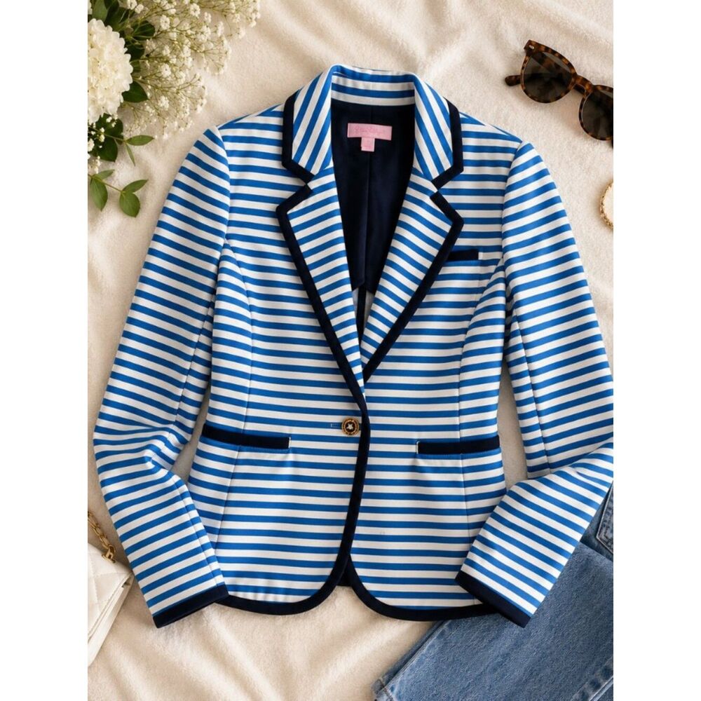 Lilly Pulitzer Blue White Striped Blazer Small Nautical Preppy Coastal Jacket